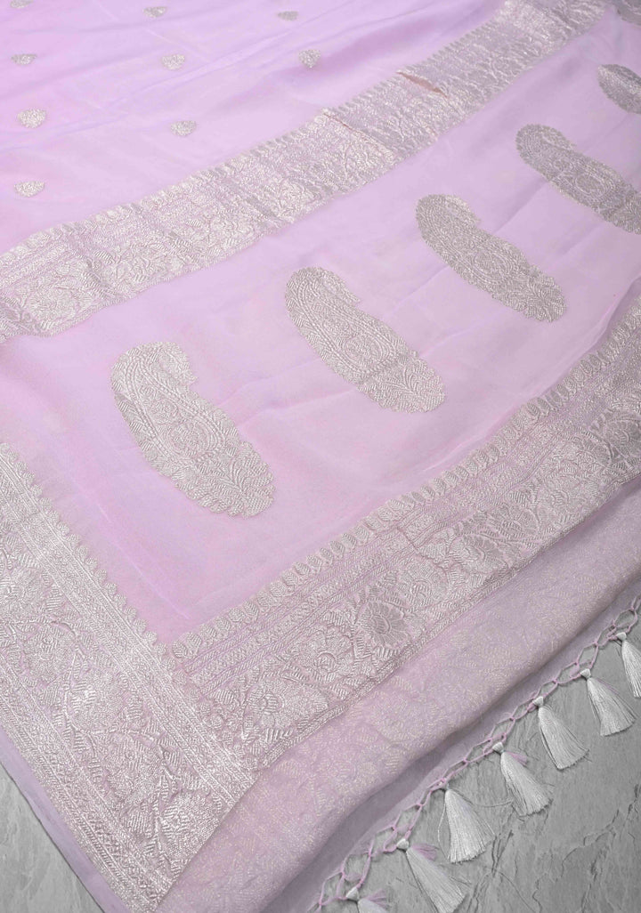 Baby Pink Silk Chiffon Saree with Silver Tone Zari Buttas and Border | SILK MARK CERTIFIED