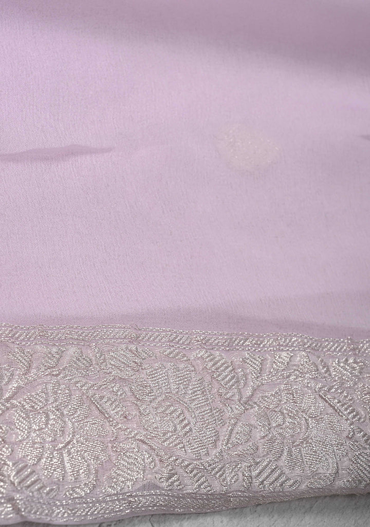 Baby Pink Silk Chiffon Saree with Silver Tone Zari Buttas and Border | SILK MARK CERTIFIED
