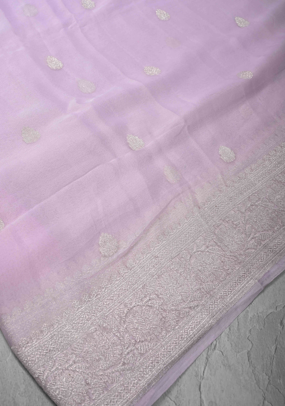 Baby Pink Silk Chiffon Saree with Silver Tone Zari Buttas and Border | SILK MARK CERTIFIED