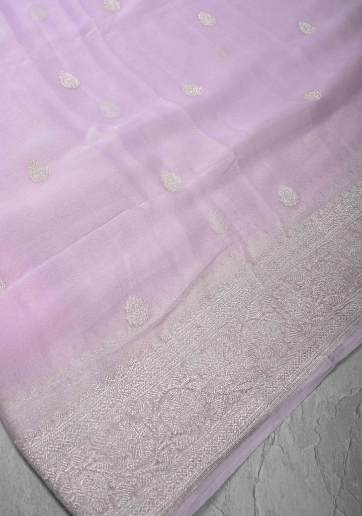 Baby Pink Silk Chiffon Saree with Silver Tone Zari Buttas and Border | SILK MARK CERTIFIED
