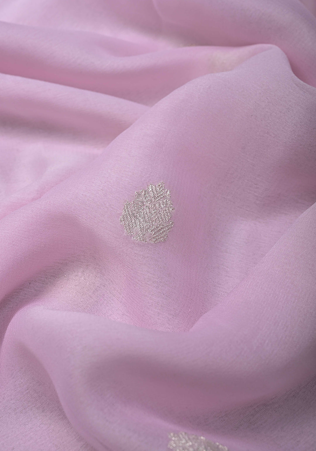 Baby Pink Silk Chiffon Saree with Silver Tone Zari Buttas and Border | SILK MARK CERTIFIED