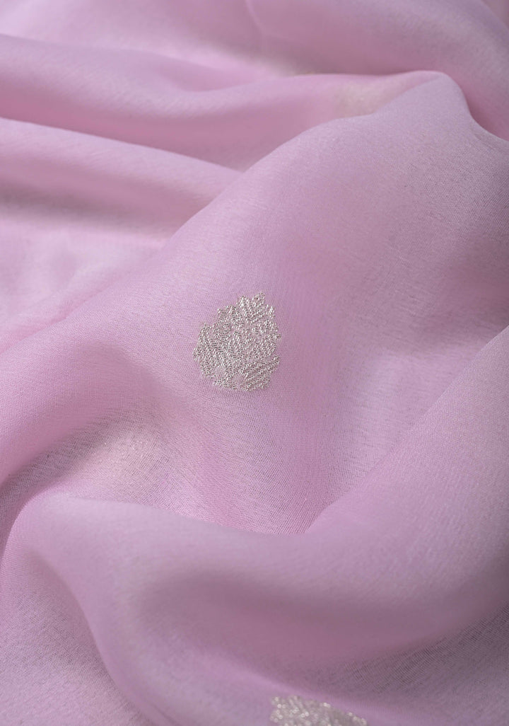 Baby Pink Silk Chiffon Saree with Silver Tone Zari Buttas and Border | SILK MARK CERTIFIED