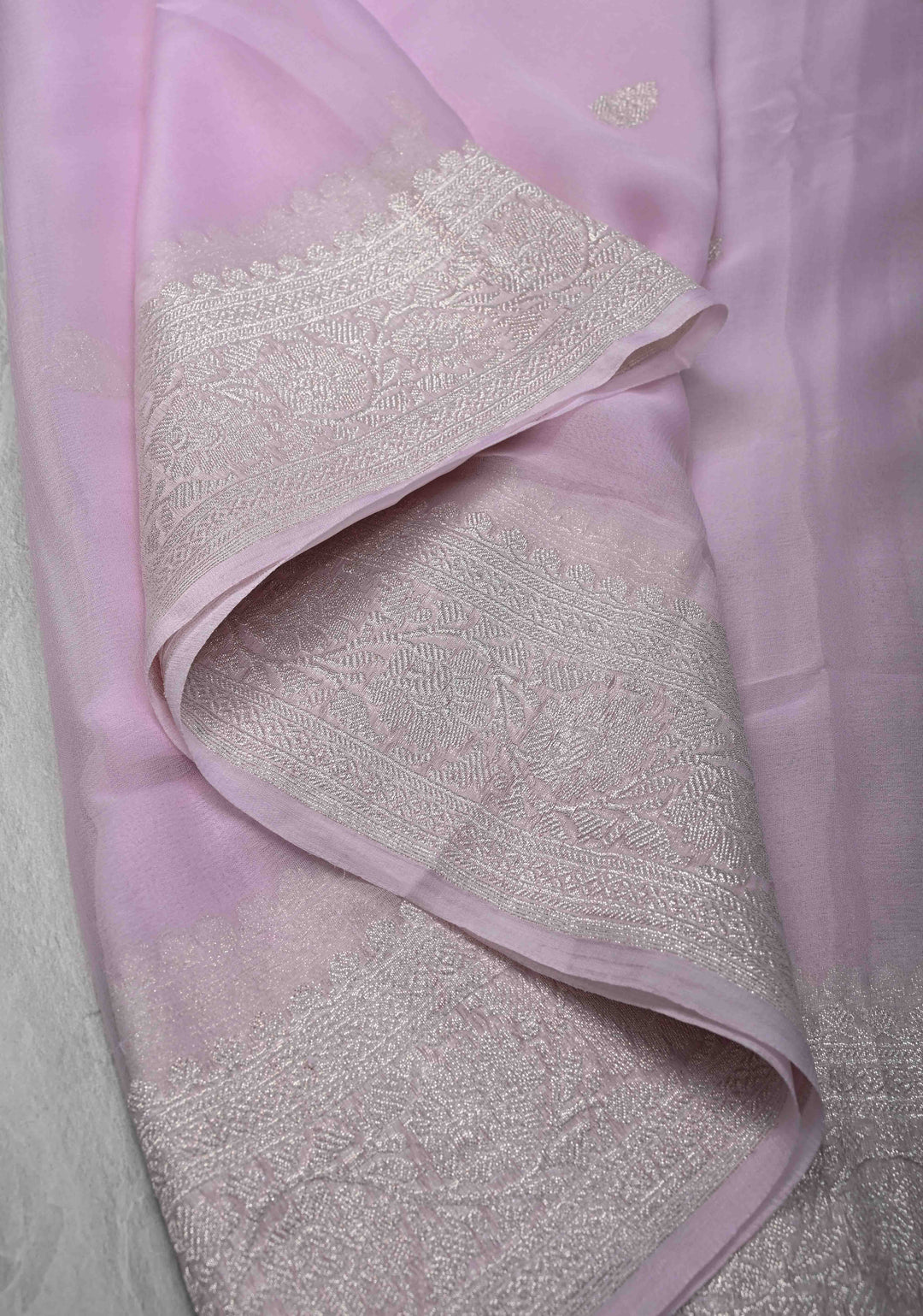 Baby Pink Silk Chiffon Saree with Silver Tone Zari Buttas and Border | SILK MARK CERTIFIED