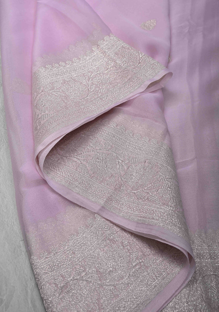 Baby Pink Silk Chiffon Saree with Silver Tone Zari Buttas and Border | SILK MARK CERTIFIED