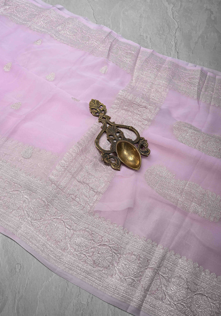 Baby Pink Silk Chiffon Saree with Silver Tone Zari Buttas and Border | SILK MARK CERTIFIED