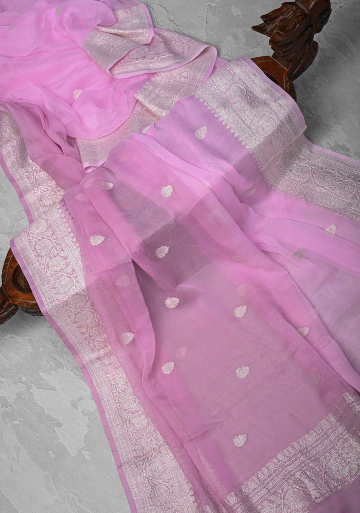 Shades of pink Ombre Banarasi Pure Silk Chiffon Saree with Zari Buttas And Zari Border | SILK MARK CERTIFIED