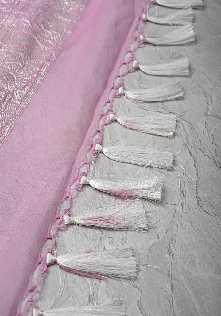 Shades of pink Ombre Banarasi Pure Silk Chiffon Saree with Zari Buttas And Zari Border | SILK MARK CERTIFIED