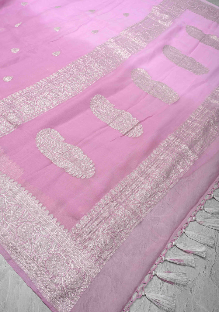 Shades of pink Ombre Banarasi Pure Silk Chiffon Saree with Zari Buttas And Zari Border | SILK MARK CERTIFIED