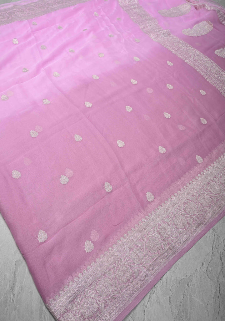 Shades of pink Ombre Banarasi Pure Silk Chiffon Saree with Zari Buttas And Zari Border | SILK MARK CERTIFIED