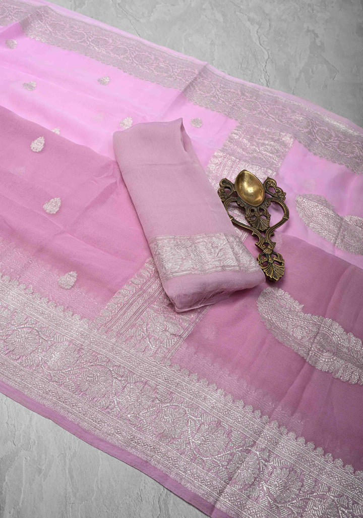 Shades of pink Ombre Banarasi Pure Silk Chiffon Saree with Zari Buttas And Zari Border | SILK MARK CERTIFIED