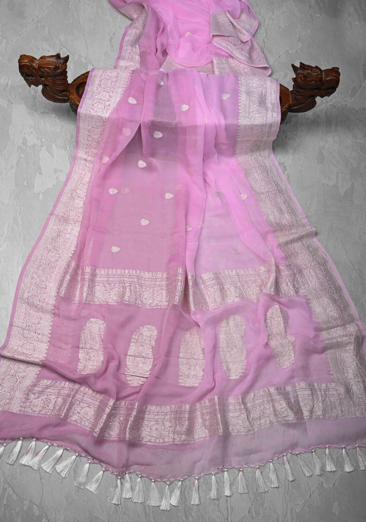 Shades of pink Ombre Banarasi Pure Silk Chiffon Saree with Zari Buttas And Zari Border | SILK MARK CERTIFIED