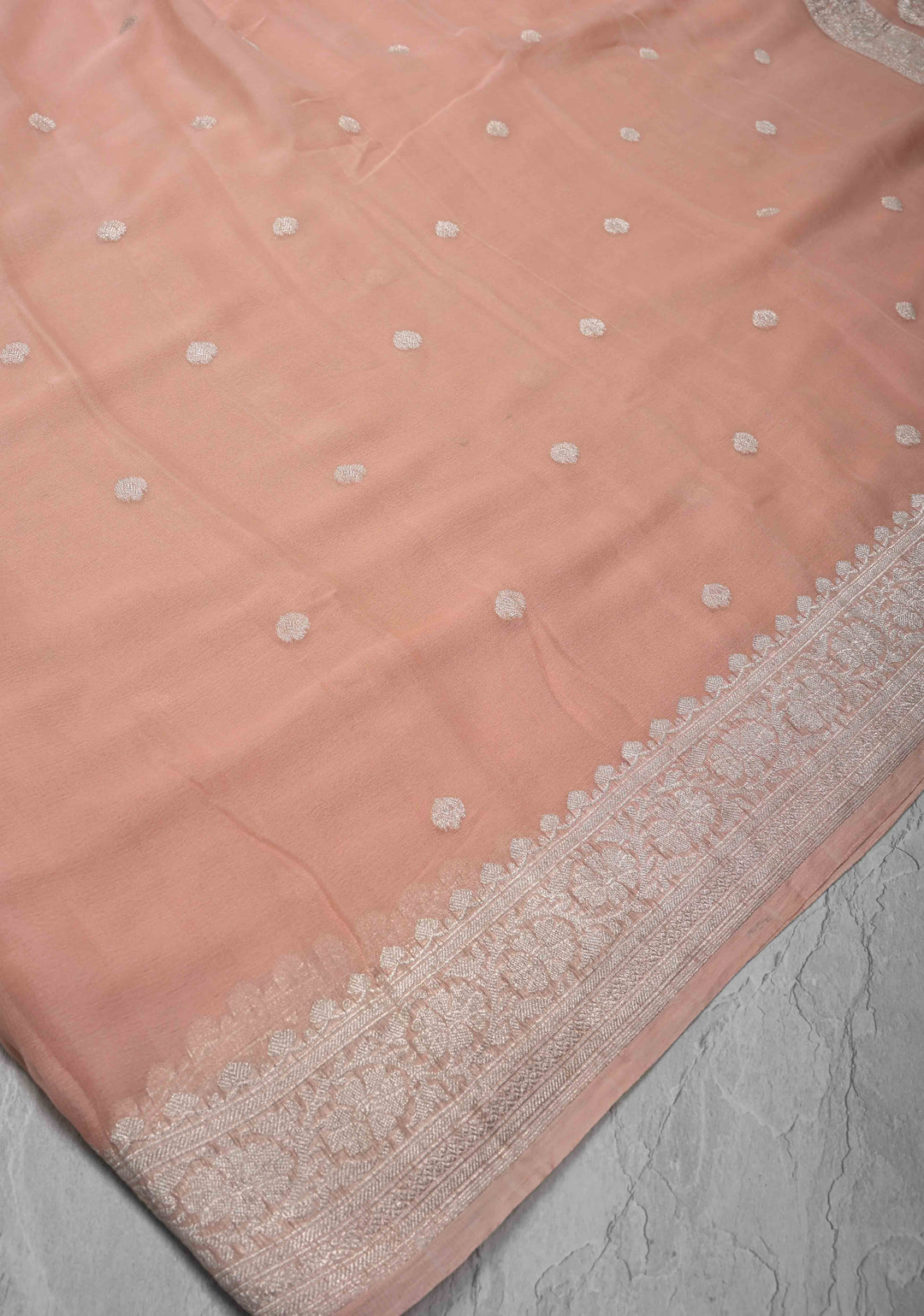 Blush Peach Pure Chiffon Silk Saree with Silver Zari Buttas and Border | SILK MARK CERTIFIED