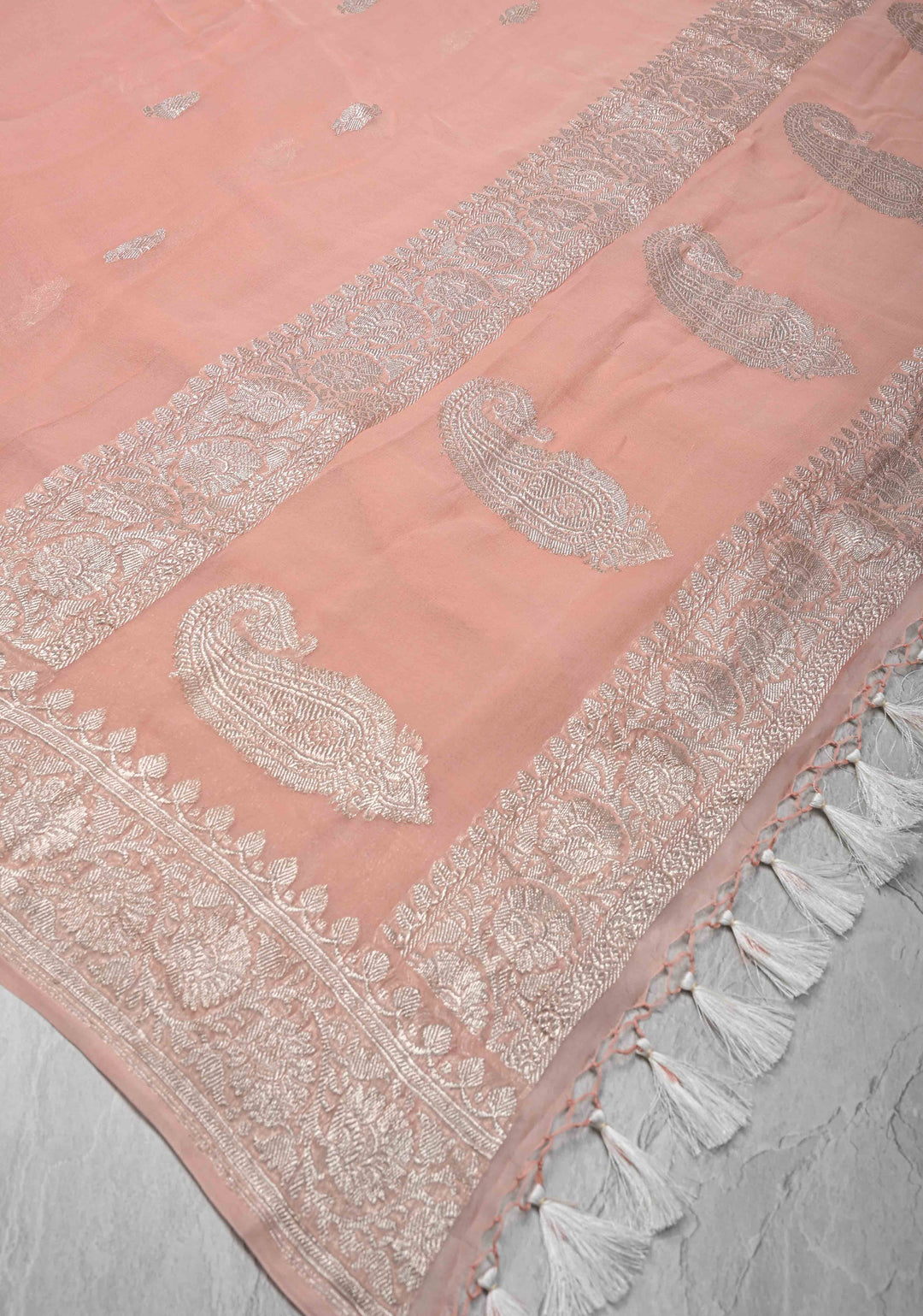 Blush Peach Pure Chiffon Silk Saree with Silver tone Zari Buttas and Border | SILK MARK CERTIFIED