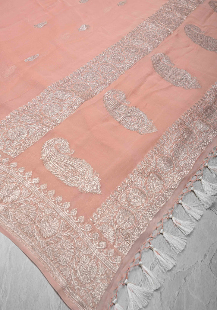 Blush Peach Pure Chiffon Silk Saree with Silver tone Zari Buttas and Border | SILK MARK CERTIFIED
