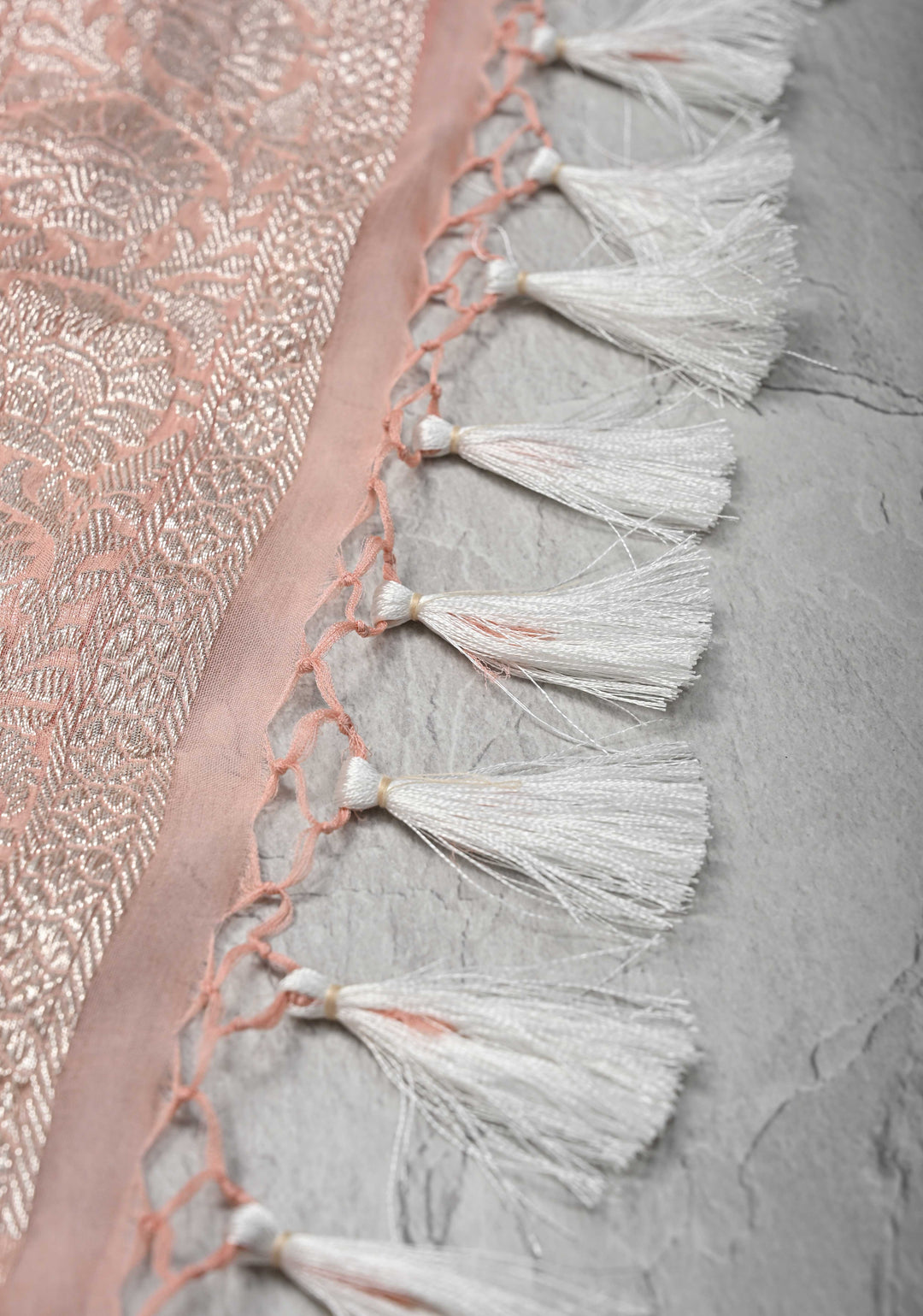 Blush Peach Pure Chiffon Silk Saree with Silver tone Zari Buttas and Border | SILK MARK CERTIFIED