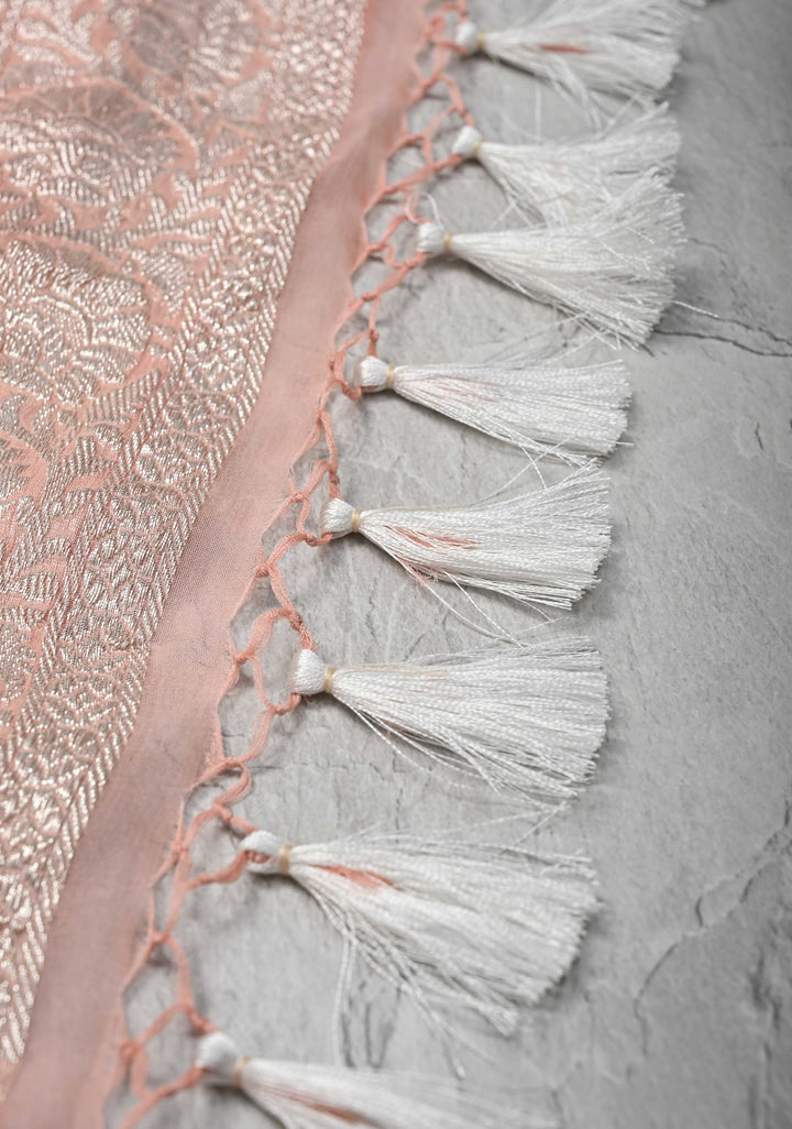 Blush Peach Pure Chiffon Silk Saree with Silver tone Zari Buttas and Border | SILK MARK CERTIFIED