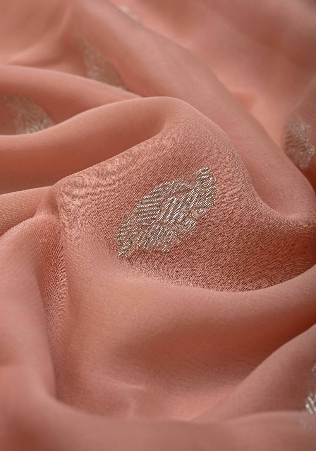 Blush Peach Pure Chiffon Silk Saree with Silver tone Zari Buttas and Border | SILK MARK CERTIFIED