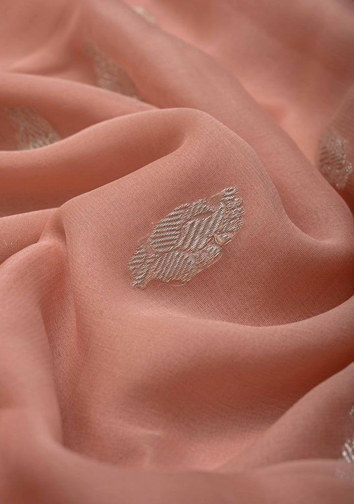 Blush Peach Pure Chiffon Silk Saree with Silver tone Zari Buttas and Border | SILK MARK CERTIFIED