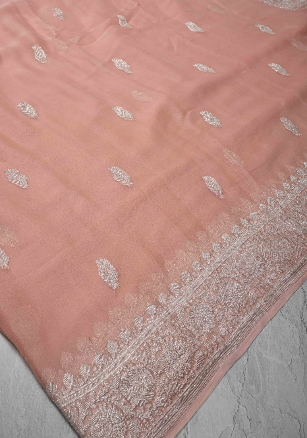 Blush Peach Pure Chiffon Silk Saree with Silver tone Zari Buttas and Border | SILK MARK CERTIFIED