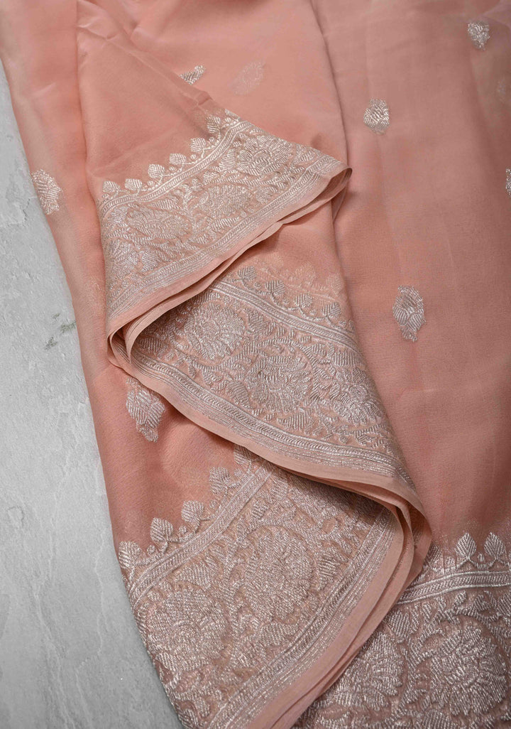 Blush Peach Pure Chiffon Silk Saree with Silver tone Zari Buttas and Border | SILK MARK CERTIFIED
