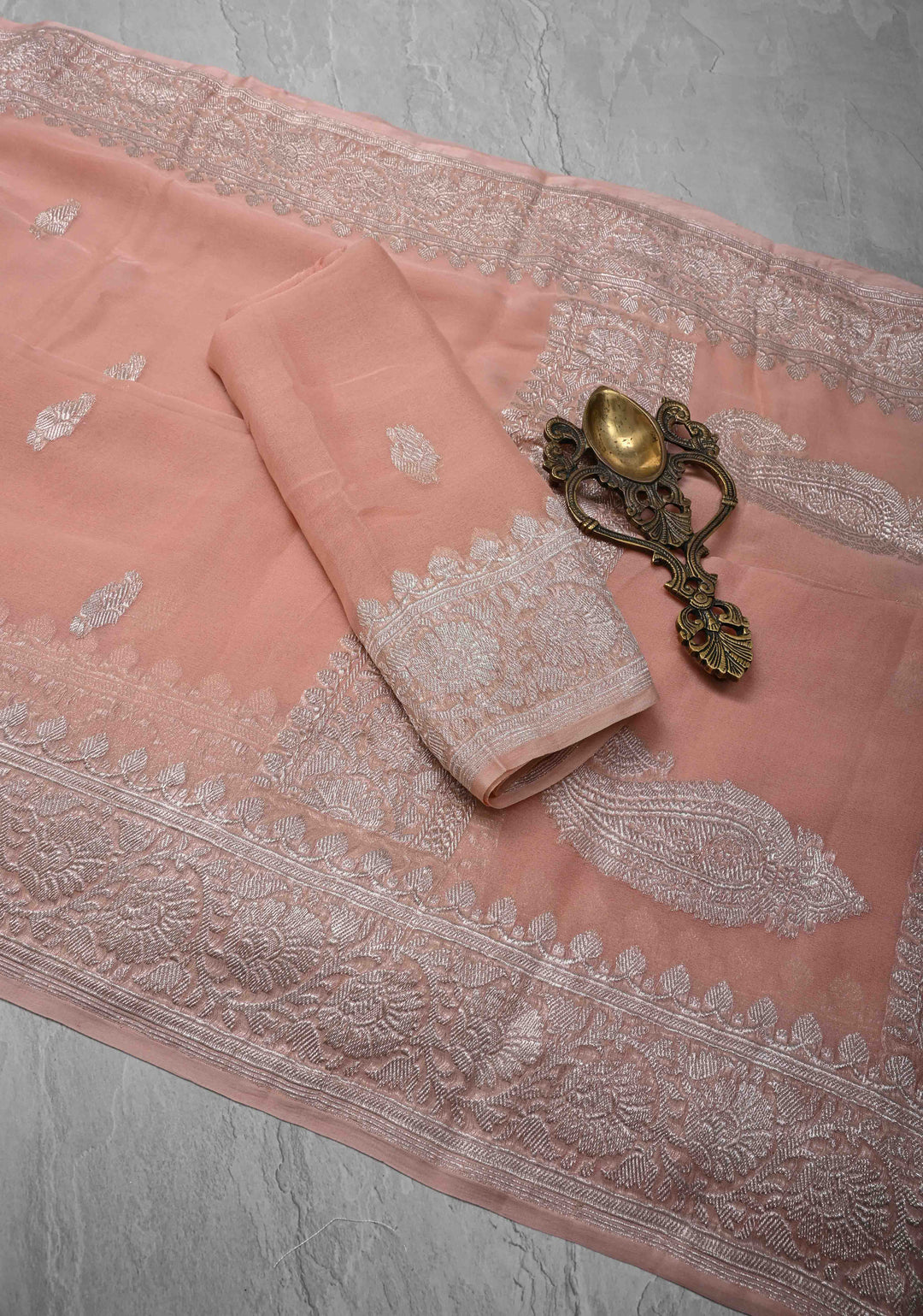 Blush Peach Pure Chiffon Silk Saree with Silver tone Zari Buttas and Border | SILK MARK CERTIFIED