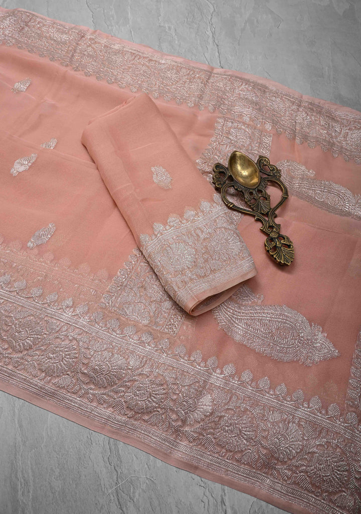 Blush Peach Pure Chiffon Silk Saree with Silver tone Zari Buttas and Border | SILK MARK CERTIFIED
