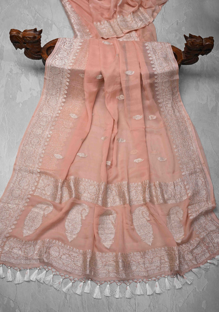 Blush Peach Pure Chiffon Silk Saree with Silver tone Zari Buttas and Border | SILK MARK CERTIFIED