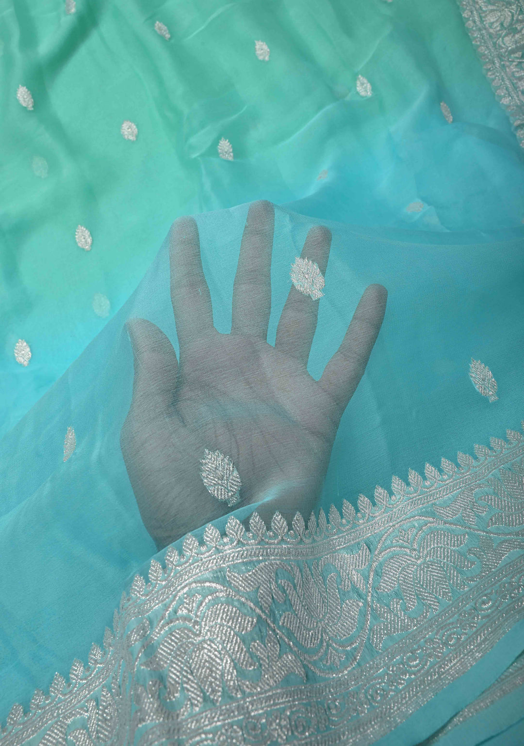 Ombre Pure Silk Banarasi Chiffon Saree in Shades of Green and Medium Turquoise Color with  Zari Border | SILK MARK CERTIFIED