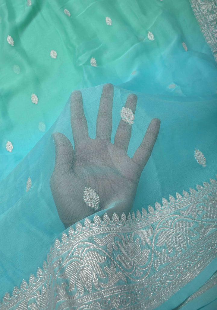 Ombre Pure Silk Banarasi Chiffon Saree in Shades of Green and Medium Turquoise Color with  Zari Border | SILK MARK CERTIFIED