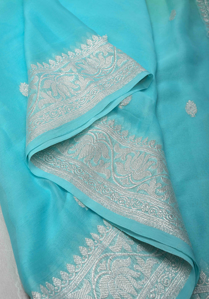 Ombre Pure Silk Banarasi Chiffon Saree in Shades of Green and Medium Turquoise Color with  Zari Border | SILK MARK CERTIFIED
