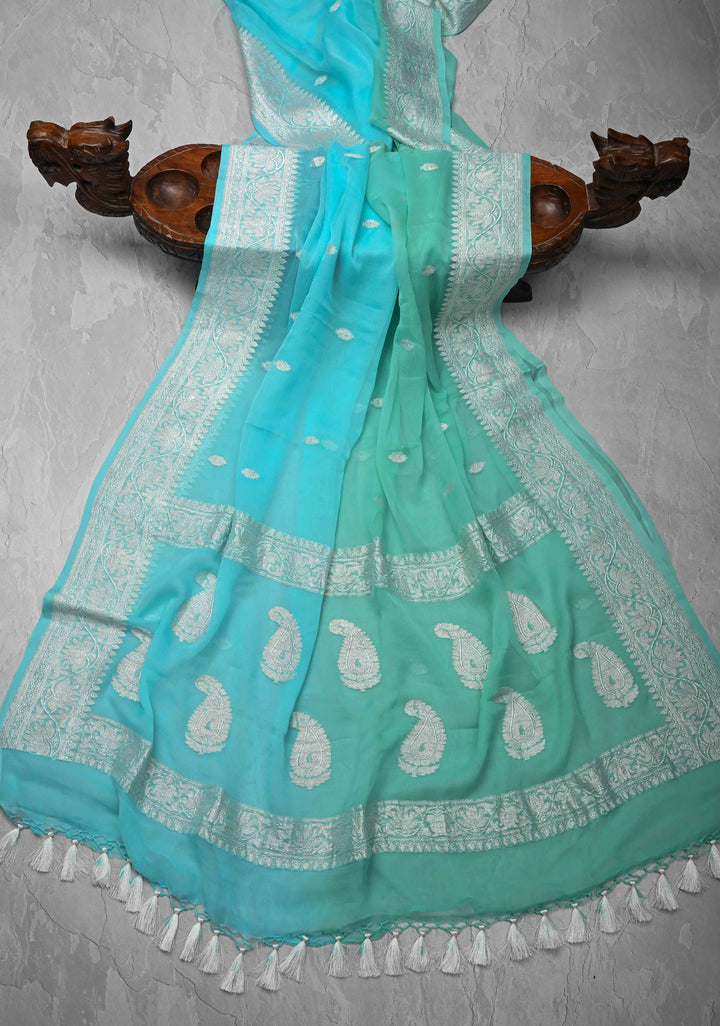 Ombre Pure Silk Banarasi Chiffon Saree in Shades of Green and Medium Turquoise Color with  Zari Border | SILK MARK CERTIFIED