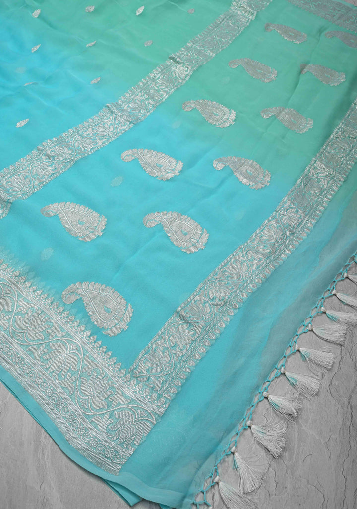 Ombre Pure Silk Banarasi Chiffon Saree in Shades of Green and Medium Turquoise Color with  Zari Border | SILK MARK CERTIFIED