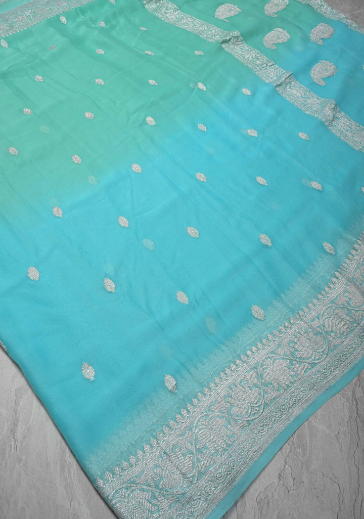 Ombre Pure Silk Banarasi Chiffon Saree in Shades of Green and Medium Turquoise Color with  Zari Border | SILK MARK CERTIFIED