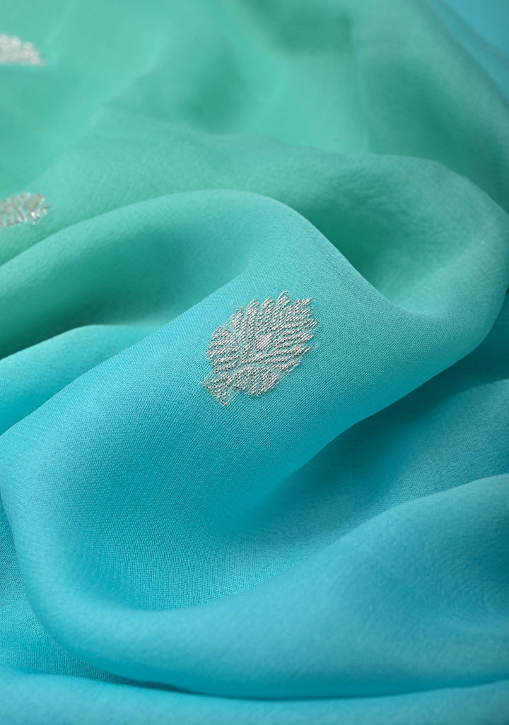 Ombre Pure Silk Banarasi Chiffon Saree in Shades of Green and Medium Turquoise Color with  Zari Border | SILK MARK CERTIFIED