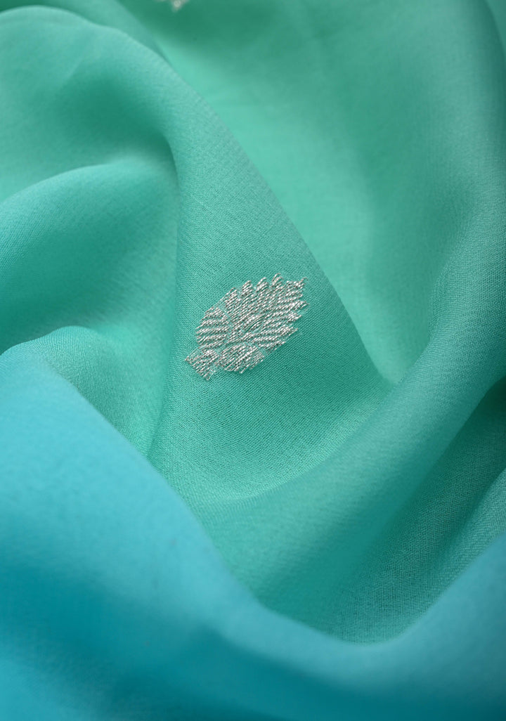 Ombre Pure Silk Banarasi Chiffon Saree in Shades of Green and Medium Turquoise Color with  Zari Border | SILK MARK CERTIFIED