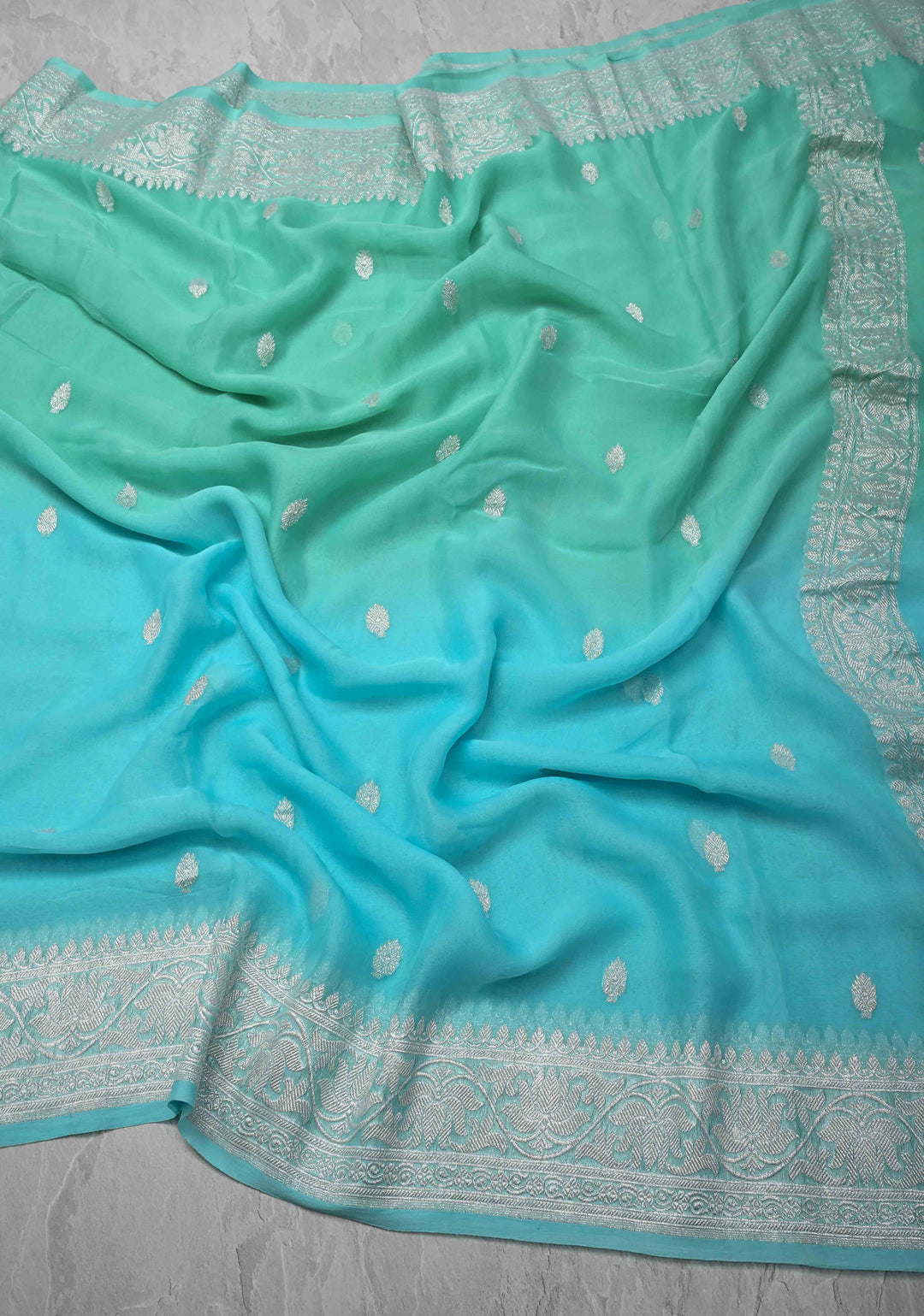 Ombre Pure Silk Banarasi Chiffon Saree in Shades of Green and Medium Turquoise Color with  Zari Border | SILK MARK CERTIFIED