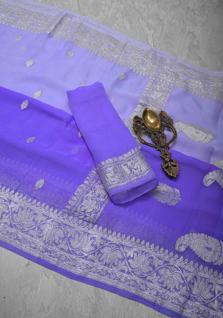 Ombre Pure Silk Banarasi Chiffon Saree in Shades of Blue Color with Zari Border | SILK MARK CERTIFIED