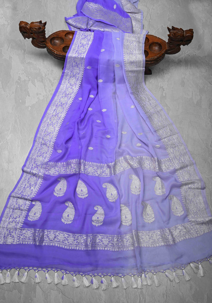 Ombre Pure Silk Banarasi Chiffon Saree in Shades of Blue Color with Zari Border | SILK MARK CERTIFIED