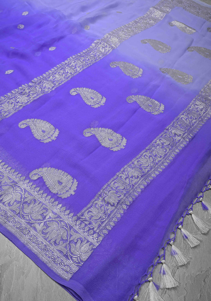 Ombre Pure Silk Banarasi Chiffon Saree in Shades of Blue Color with Zari Border | SILK MARK CERTIFIED