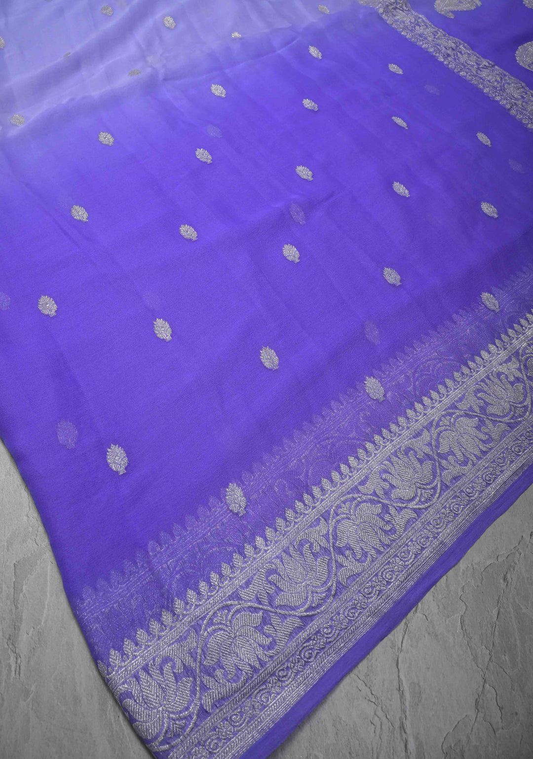Ombre Pure Silk Banarasi Chiffon Saree in Shades of Blue Color with Zari Border | SILK MARK CERTIFIED