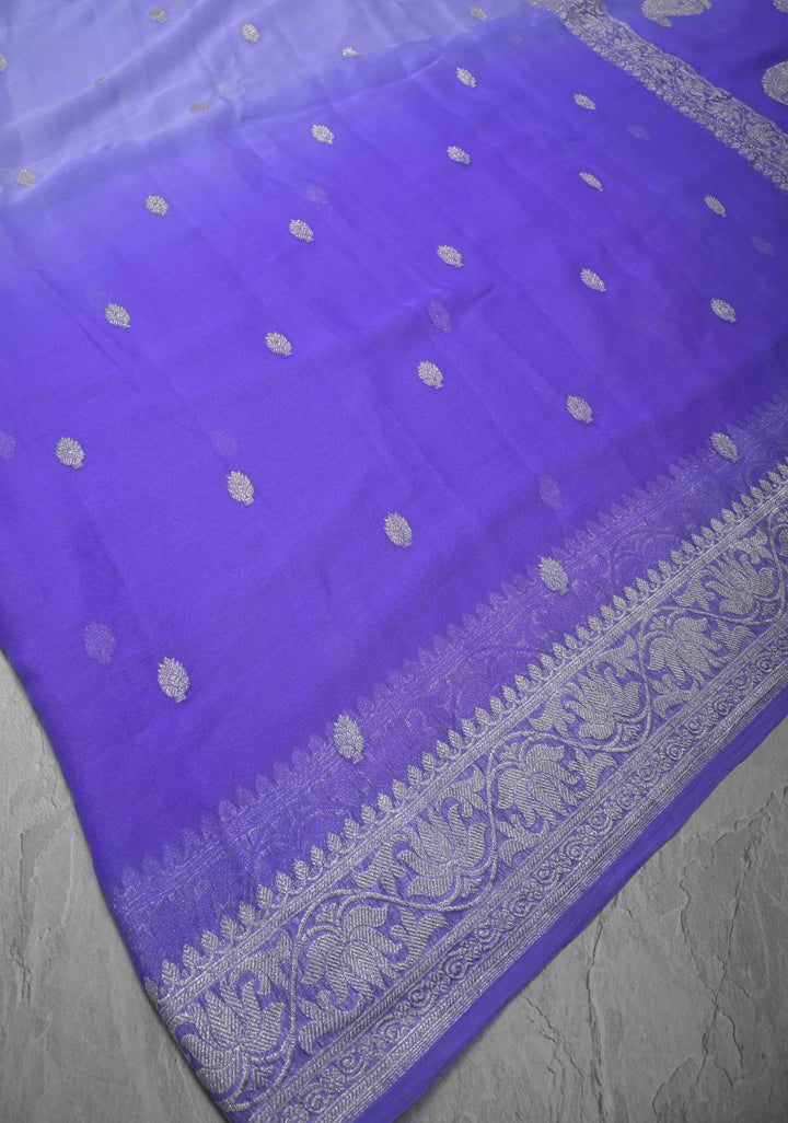 Ombre Pure Silk Banarasi Chiffon Saree in Shades of Blue Color with Zari Border | SILK MARK CERTIFIED