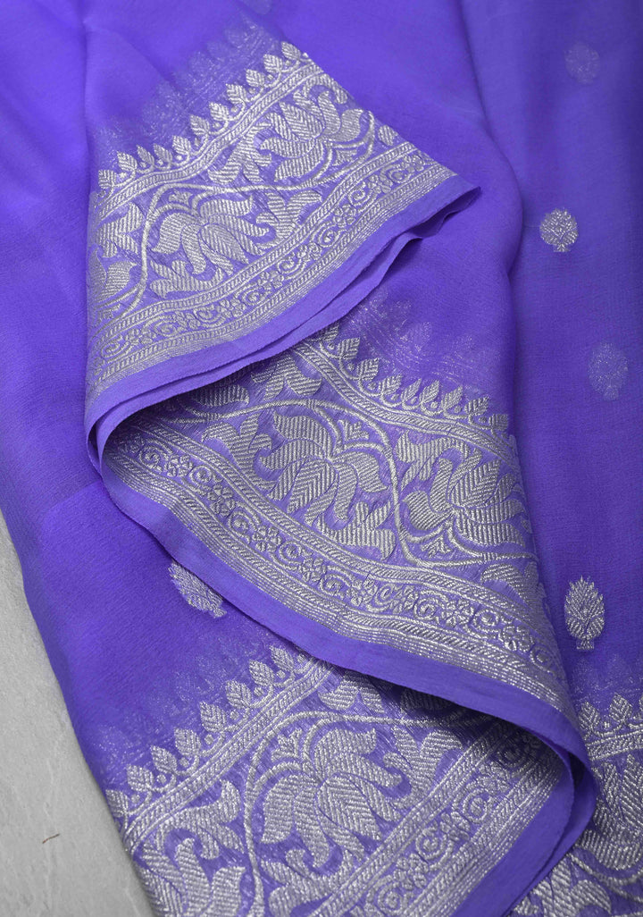 Ombre Pure Silk Banarasi Chiffon Saree in Shades of Blue Color with Zari Border | SILK MARK CERTIFIED