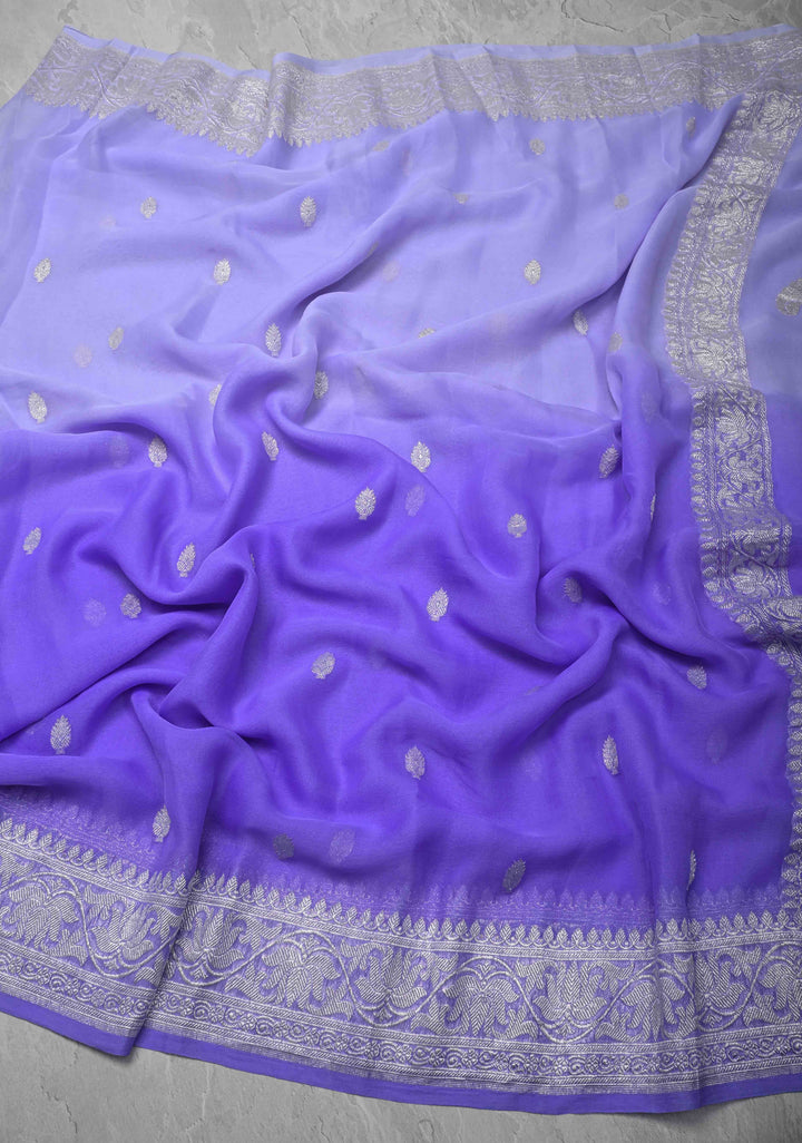 Ombre Pure Silk Banarasi Chiffon Saree in Shades of Blue Color with Zari Border | SILK MARK CERTIFIED