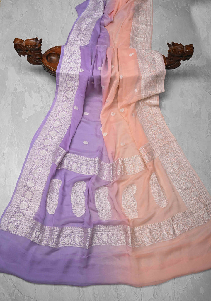 Ombre Pure Silk Banarasi Chiffon Saree in Shades of Peach and Lavender Color with Zari Border | SILK MARK CERTIFIED