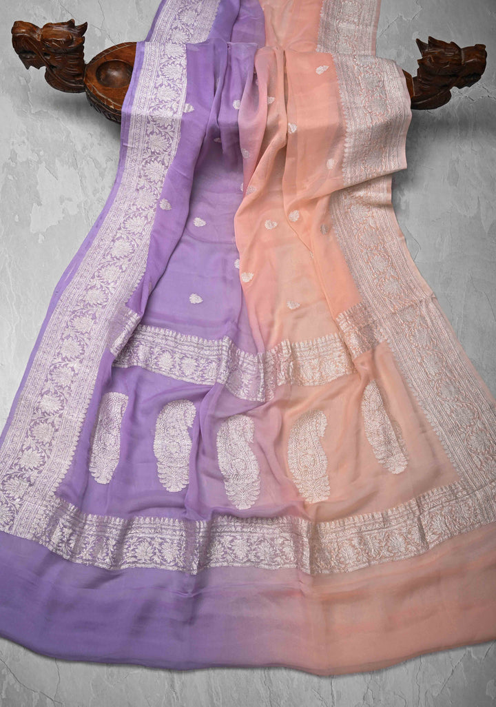 Ombre Pure Silk Banarasi Chiffon Saree in Shades of Peach and Lavender Color with Zari Border | SILK MARK CERTIFIED