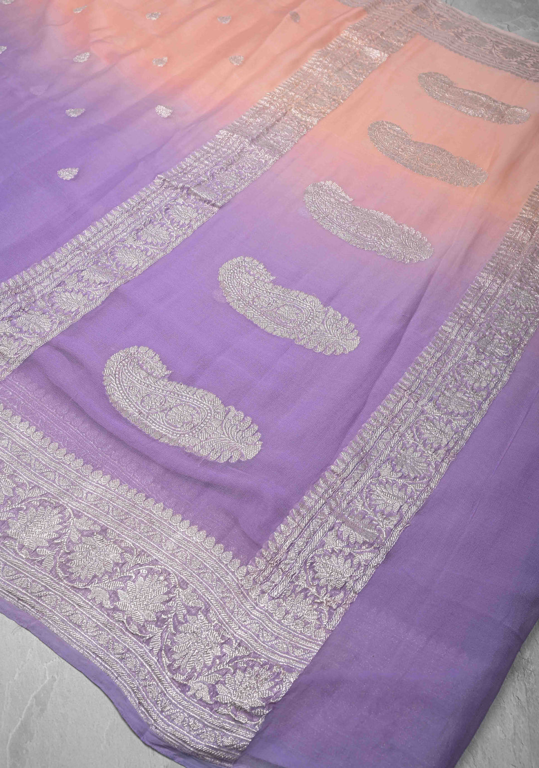 Ombre Pure Silk Banarasi Chiffon Saree in Shades of Peach and Lavender Color with Zari Border | SILK MARK CERTIFIED