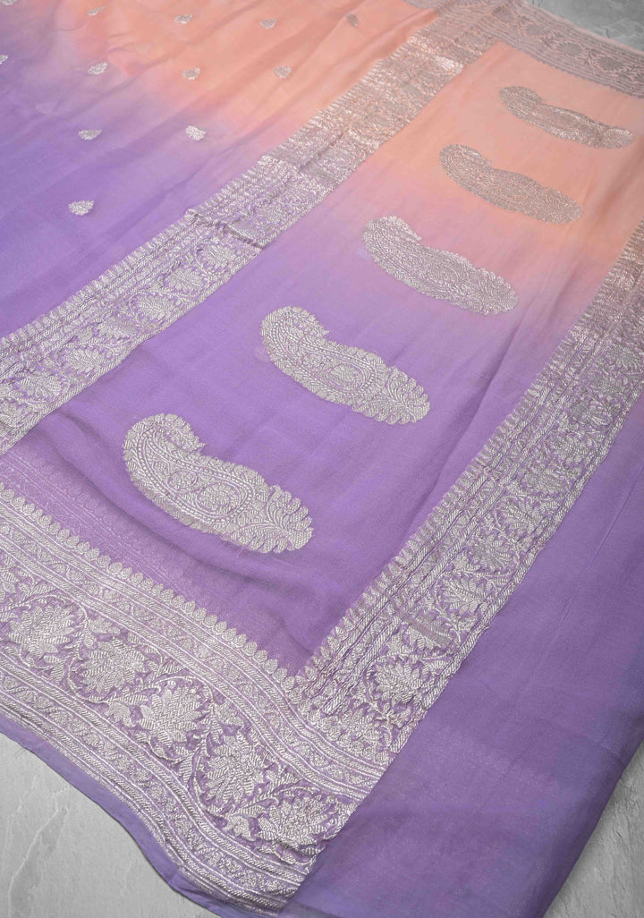 Ombre Pure Silk Banarasi Chiffon Saree in Shades of Peach and Lavender Color with Zari Border | SILK MARK CERTIFIED