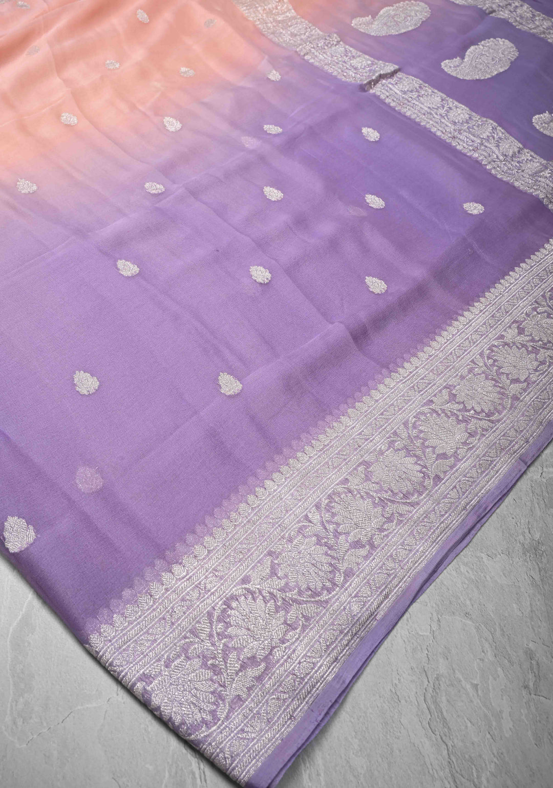 Ombre Pure Silk Banarasi Chiffon Saree in Shades of Peach and Lavender Color with Zari Border | SILK MARK CERTIFIED