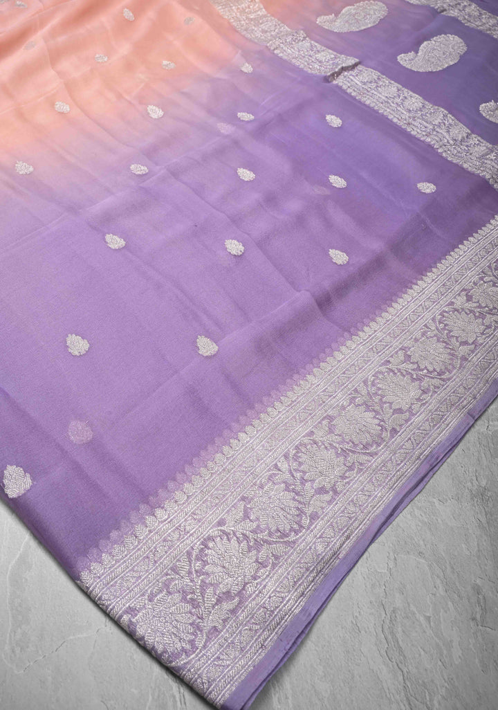 Ombre Pure Silk Banarasi Chiffon Saree in Shades of Peach and Lavender Color with Zari Border | SILK MARK CERTIFIED