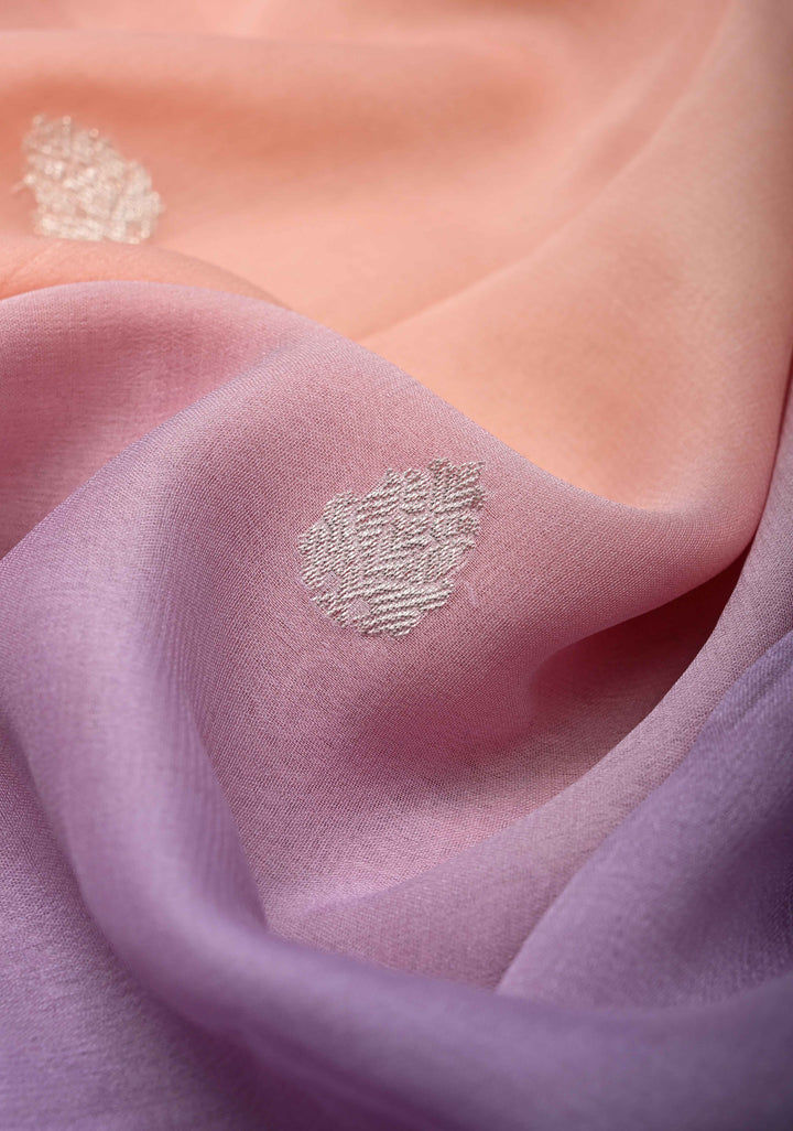 Ombre Pure Silk Banarasi Chiffon Saree in Shades of Peach and Lavender Color with Zari Border | SILK MARK CERTIFIED